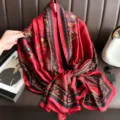 Red and black printed silk scarf, elegant floral patterned versatile shawl for women. - Winter Sweet