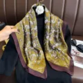 Women satin square silk scarf, vintage paisley print neckerchief, elegant retro green foulard. - Olive Paisley