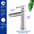 Robinet d'eau froide pour lavabo en acier inoxydable SUS304 mitigeur de salle de bains - Robinet eau froide à bec droit avec levier plat (Bas)