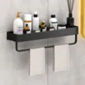 Schwarzes Badregal Wandmontage Duschregal mit Handtuchhalter Aluminium 40cm Organizer - Schwarzes Wandregal mit Stange aus Weltraum-Aluminium (30 cm)