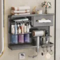 Étagère de Rangement Murale Salle de Bain Gris Pistolet Style Gauche Porte-Brosse à Dents - Version Gauche Étagère de Rangement Multifonctionnelle / Gris Fusil