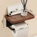 Wall-mounted wooden toilet paper holder with storage shelf for bathroom organization. - Black Walnut Matte Black Roll Holder