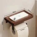 Wall mounted wooden toilet paper holder with phone shelf for bathroom organization. - Black Walnut Single Roll Holder