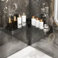 Graues Acryl-Eckduschregal Duschkorb Wandmontage Badezimmer Organizer Ablage 1 Stk - Saugnapf-Typ Drehbares Eckregal / Transparentes Grau