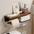 Wall-mounted wooden toilet paper holder and bathroom shelf with tissue storage and phone tray. - Black Walnut Left Roll Holder