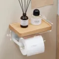 Wooden toilet paper holder with storage shelf wall mounted bathroom tissue roll rack dispenser. - Beech Wood White Roll Holder