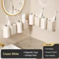Portaspazzolini magnetico in stile crema con tazze capovolte per organizzare il bagno. - Portaspazzolino a 4 Tazze con Mensola / Bianco Crema