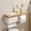 Wall mounted wooden toilet paper holder and tissue box shelf for bathroom and washroom organization. - Beech Wood Right Roll Holder