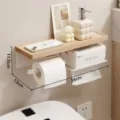 Wall mounted wooden toilet paper holder with phone shelf and wet wipe dispenser for bathroom. - Beech Wood Left Roll Holder