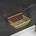 Επιτοίχια σαπουνοθήκη από ξύλο καρυδιάς με χρυσό μεταλλικό συρμάτινο καλάθι αποστράγγισης - Σαπουνοθήκη από ξύλο καρυδιάς σε χρυσό στιλ - μονή