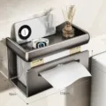 Wandmontierter Toilettenpapierhalter und Badezimmer Tissue Aufbewahrungsregal mit oberem Fach. - Klebetyp / Gunmetal Grau