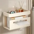 Wall-mounted bathroom tissue box and shelf, beige plastic organizer for rolls and daily items. - Adhesive Type / Milky White