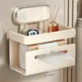 Wall-mounted bathroom tissue box and storage shelf, adhesive organizer for toilet paper and wet wipes. - Double Suction Cup Mount / Milky White
