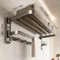 Wandmontierter Handtuchhalter fürs Bad, bohrfreies Klapp-Duschregal mit Hakenablage. - 2026 Upgrade-Modell - doppelklappbar 60 cm