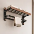Moderne wandmontierte Handtuchstange aus Holz und Metall mit klappbaren Ablagen fürs Badezimmer. - Doppelter Klappbarer Badetuchhalter 50 cm