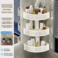 Badezimmer Eckregal, 3-lagiger, bohrfreier Dusch-Organizer, Wandmontage Duschregal aus Aluminium. - Dreischichtiges Dreieck (Verdickt+6 Haken) / Creme