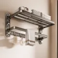 Gun-gray carbon steel towel rack with suction cups, double shelf and hooks for bathroom. - Bath Towel Rack 50cm