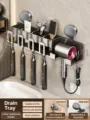Wandmontierter Saugnapf Zahnbürstenhalter Badezimmer Organizer mit Föhnhalterung - Vierfach Ohne Becher / Gunmetal