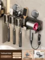 Wall-mounted suction toothbrush holder bathroom organizer with hair dryer rack and cups - Triple With Cups / Gunmetal