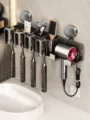 Wall-mounted suction toothbrush holder bathroom organizer with cups and hair dryer rack - Quad With Cups / Gunmetal
