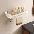 Bathroom suction wall mounted storage rack organizer for cosmetics and towels, punch free. - 40cm Single Layer with Rod and Hooks / Milk White