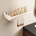 Cream white suction bathroom shelf with towel bar and hooks, 50cm wall-mounted organizer. - 50cm Single Layer with Rod and Hooks / Milk White
