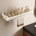 Cream white suction bathroom wall shelf single tier storage rack with hanging rod and hooks - 60cm Single Layer with Rod and Hooks / Milk White