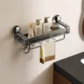 Gun grey punch-free suction cup bathroom storage rack with hooks, 40cm wall mounted organizer. - 40cm Single Layer with Rod and Hooks / Gun Grey