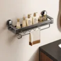 Wall mounted bathroom storage shelf gun grey suction cup organizer with hooks and towel bar - 50cm Single Layer with Rod and Hooks / Gun Grey