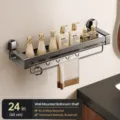 Wall-mounted bathroom storage rack punch-free organizer shelf for cosmetics and toiletries - 60cm Single Layer with Rod and Hooks / Gun Grey
