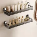 Double layer gunmetal bathroom storage shelf, punch-free wall mounted organizer rack for toiletries. - 60cm Double Layer / Gun Grey