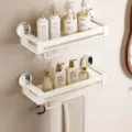 Cream White Double Layer Suction Bathroom Shelf with Hooks 40cm Wall Mounted Variant - 40cm Double Layer with Rod and Hooks / Milk White