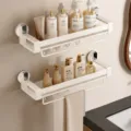 Double layer white suction cup bathroom storage rack with hooks and towel bar for wall. - 50cm Double Layer with Rod and Hooks / Milk White