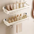 Double-layer bathroom suction shelf wall-mounted cosmetic storage rack with hooks 60cm - 60cm Double Layer with Rod and Hooks / Milk White