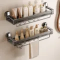 Gunmetal grey double layer bathroom suction organizer shelf with hooks and towel bar. - 60cm Double Layer with Rod and Hooks / Gun Grey