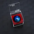 Blue reflective sphere model in clear display box with red velvet base for collection display. - Heart of the Ocean Boxed