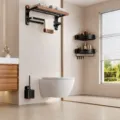 Moderne Badezimmer Regal Set aus Walnussholz und Karbonstahl, klappbarer Handtuchhalter. - Klassisches 3er-Set B
