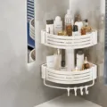 Badezimmer eckregal doppelschicht aluminium wandmontage organizer mit haken für dusche - Zweischichtiges Dreieck mit Stange (8 Haken) / Creme