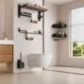 Moderne Handtuchstange Badezimmer Regal Set aus Walnussholz und Karbonstahl, ohne Bohren. - Klassisches 4er-Set