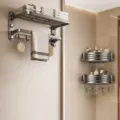 Gun gray carbon steel folding towel rack and double corner bathroom shelf set, suction cup mount. - 2-Piece Set B [Bath Towel Rack + 2-Tier Corner Basket]