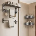 Gunmetal suction towel rack and bathroom storage shelf set, punch-free 3-piece mount. - 3-Piece Set A [Bath Towel Rack + Towel Bar + 2-Tier Corner Basket]