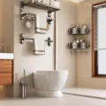Gunmetal grey bathroom rack set, punch-free suction cup wall mount, 4-piece storage. - 4-Piece Set (Towel Rack + Towel Bar + 2-Tier Corner Basket + Toilet Brush)