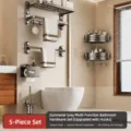 Gunmetal suction cup towel rack and bathroom organizer set, punch-free 5-piece bathroom shelf. - 5-Piece Bathroom Set (Bath Towel Rack, Towel Bar, Double Corner Basket, Toilet Brush, Tissue Box)