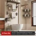 Gun-grey suction cup towel rack set, punch-free bathroom storage shelf for modern home. - 6-Piece Bathroom Set (Bath Towel Rack, Towel Bar, Corner Basket, Toilet Brush, Tissue Box, Hook Rack)