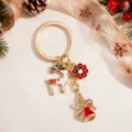 Christmas metal keychain with cute deer, bell and flower charms holiday gift accessory - Deer Flower Bell Style (YSK-12-2)