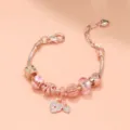 Rose gold charm bracelet detail, featuring heart pendants and pink beads, elegant design. - Length 17CM / KM-03 (Rose Gold Heart Rhinestone)