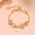 Details of the gold alloy charm bracelet featuring a sparkly butterfly pendant and cute beads. - Length 17CM / KM-06 (Rose Gold Butterfly Hollow)