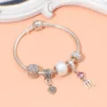 Pulsera de abalorios de plata con perla de corazon y cuentas de cristal regalo mujer - Longitud 17CM / KM-04 (Estilo Perla Artificial Plata Cristal Rosa)