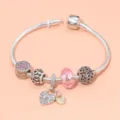 Pulsera de dijes de cadena de serpiente de aleación de estilo europeo y americano con cristales rosa - Longitud de la Pulsera 17cm / KM-12 (Candado Corazón Cuarzo Rosa Oro Rosa)