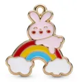 Vergoldeter Emaille rosa Kaninchen und Regenbogen Wolke Anhänger für DIY Halskette Schmuck. - Rosa Hasen Regenbogen Stil (HD-24)
